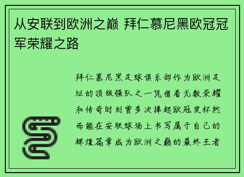 从安联到欧洲之巅 拜仁慕尼黑欧冠冠军荣耀之路