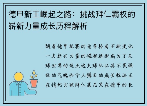 德甲新王崛起之路：挑战拜仁霸权的崭新力量成长历程解析