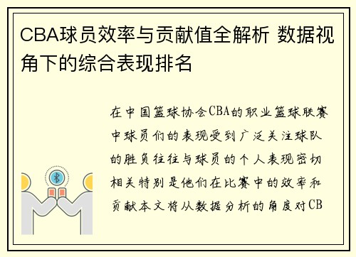 CBA球员效率与贡献值全解析 数据视角下的综合表现排名