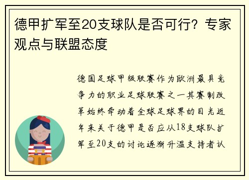 德甲扩军至20支球队是否可行？专家观点与联盟态度