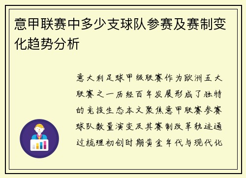 意甲联赛中多少支球队参赛及赛制变化趋势分析