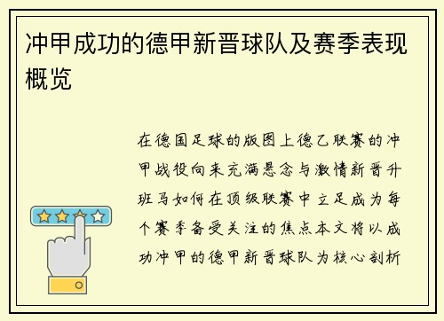 冲甲成功的德甲新晋球队及赛季表现概览